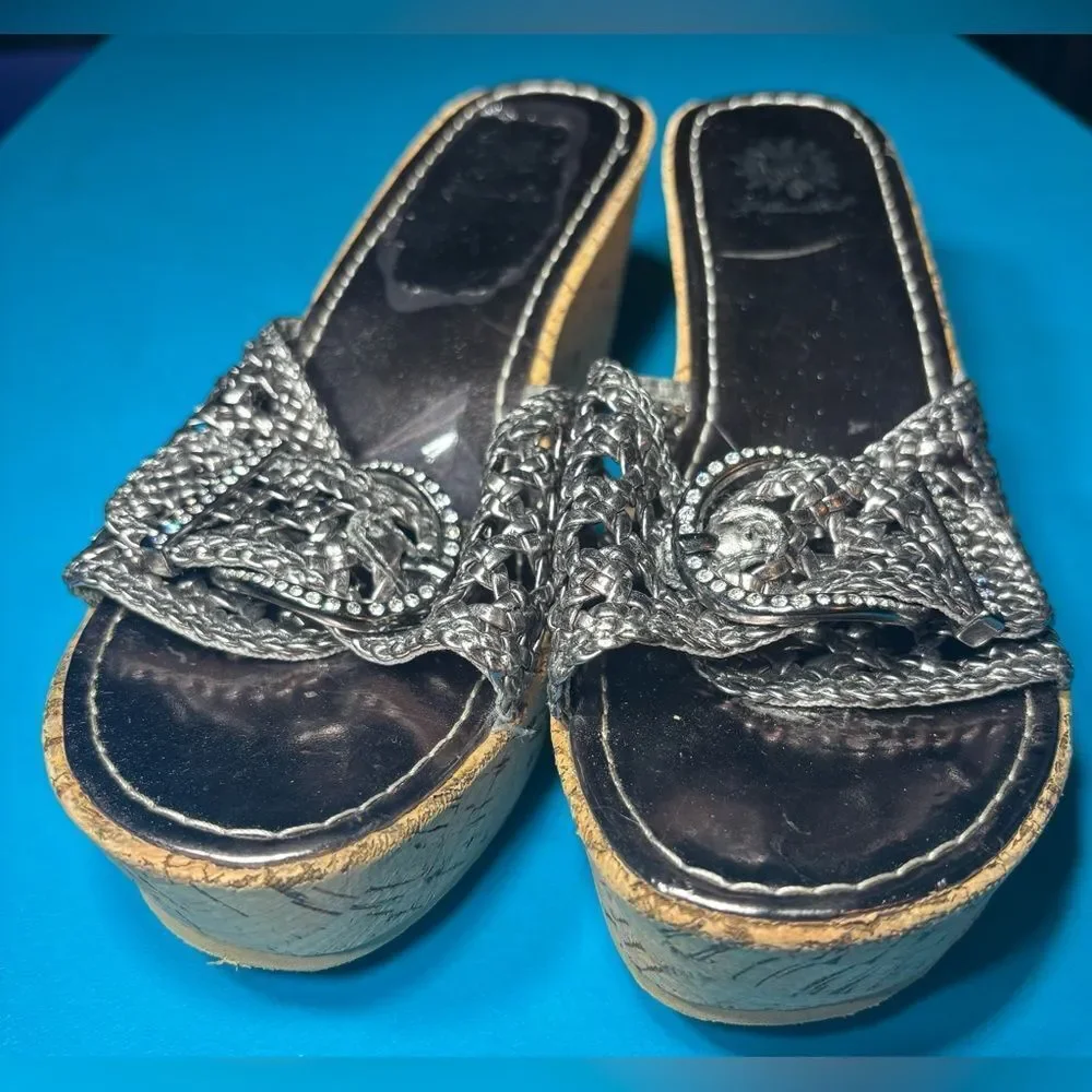 Yellow Box Braided Metallic Rhinestone Buckle Cork Wedge Sandals Size 8 EPC - Picture 2 of 8